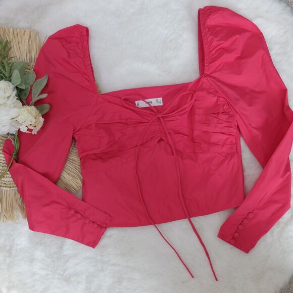 Mango Bright Pink Puff-Sleeved Halter Cropped Blouse Size 4 - Picture 3 of 12